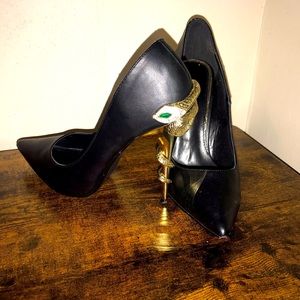 Black Leather Heels with Gold & Emerald Snake